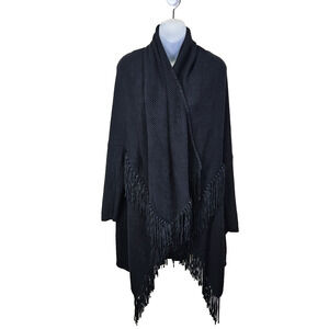 Maje Mexico Fringe Cardigan Sweater Size 2 M Suede Leather Linen Black Knit Wrap
